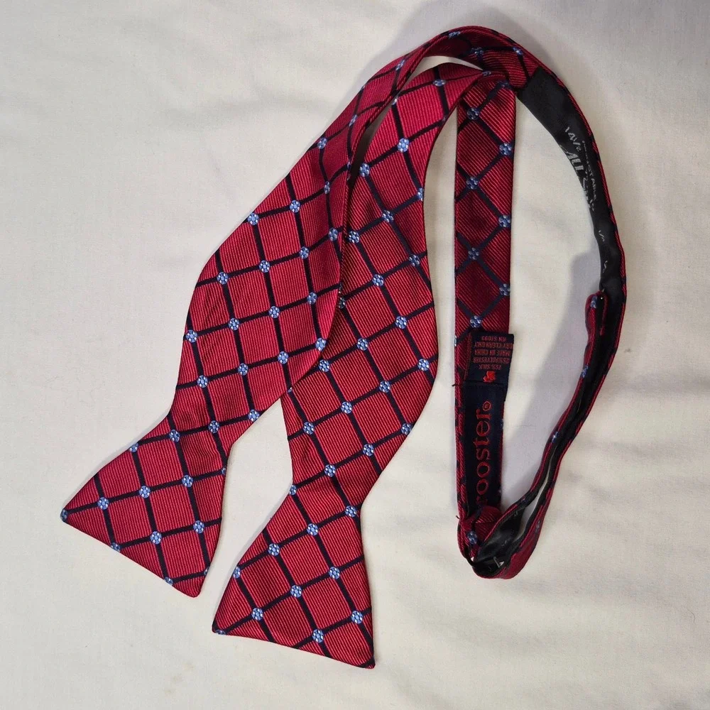 Rooster Bow Tie Mens Red Silk Blend Geometric Grid Self-Tie Formal Classic
